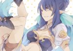  1girl bad_id blue_hair boots breasts judith long_hair midriff navel pointy_ears polka_dot polka_dot_background red_eyes shigetake_(buroira) solo tales_of_(series) tales_of_vesperia white_background 
