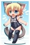  armband blonde_hair cat_ears cat_tail chibi fang heterochromia kuroneko_liger name_tag one-piece_swimsuit original school_swimsuit short_hair solo swimsuit tail thigh-highs thighhighs 