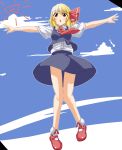  1girl blonde_hair blush cloud hair_ribbon highres outstretched_arms red_eyes ribbon rumia short_hair sky solo spread_arms touhou you_shugyouchuu 