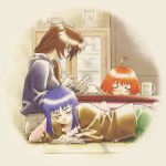  90s ahoge blue_hair book brown_hair closed_eyes cup frown glasses hoodie kotatsu long_hair lying mug multiple_girls neo_ranga official_art open_mouth orange_hair ponytail reading redhead shimabara_minami shimabara_ushio shimabara_yuuhi short_hair table tatami yellow_eyes 