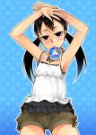  armpits black_eyes black_hair flat_chest hands kunichika mouth_hold original shorts solo twintails 
