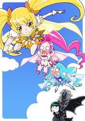  4girls blonde_hair blue_background blue_dress blue_hair blush cure_blossom cure_marine cure_sunshine dark_precure dress hanasaki_tsubomi heartcatch_precure! kurumi_erika magical_girl multiple_girls myoudouin_itsuki o_o orange_dress pink_dress pink_hair precure professor_sabaku saliva thighhighs yuuma_(artist) 