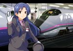  blue_hair brown_eyes gloves hat idolmaster kisaragi_chihaya long_hair train uniform waving 