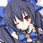  1girl black_hair blush bow choujigen_game_neptune face meimu_(infinity) noire red_eyes smile solo twintails wink 