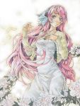  dress issun_boushi long_hair megurine_luka pink_eyes red_string solo tears traditional_media very_long_hair vocaloid white_dress 