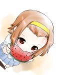 brown_hair eating food forehead fruit hairband holding holding_fruit k-on! kogaku_kazuya school_uniform skirt solo tainaka_ritsu watermelon 