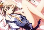  baldr_sky bell breasts hair_bell hair_ornament highres kikuchi_seiji legs minazuki_sora no_bra on_back open_clothes open_shirt panties pantyshot scan school_uniform seifuku serafuku shirt underwear 