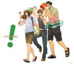  3boys angry bag belt brown_hair bucket carrying child eyebrows father_and_daughter fighting_stance glasses green_hair hat highres icym innertube jeans jumbo koiwai_yotsuba long_hair male mr_koiwai multiple_boys navel open_mouth realistic sandals shoes short_hair shorts straw_hat t-shirt yanda yotsubato! 
