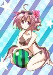  alternate_hairstyle animal_ears bare_shoulders bikini breasts checkered checkered_background cleavage earlgrey earrings fingernails flower food fruit hibiscus holding holding_fruit jewelry long_fingernails long_nails mystia_lorelei nails pink_hair ponytail purple_eyes short_hair sitting solo striped striped_background sunglasses sunglasses_on_head swimsuit touhou violet_eyes wariza watermelon wings 