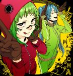  :p aqua_hair gloves green_eyes green_hair grin gumi hatsune_miku headphones hoodie long_hair matryoshka_(vocaloid) multicolored_eyes multiple_girls red_eyes short_hair smile tongue track_suit tsukota twintails v very_long_hair vocaloid 