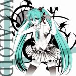  aqua_eyes aqua_hair arms_up bad_id fingerless_gloves gloves hatsune_miku headphones highres lace lace-trimmed_thighhighs long_hair monochrome nakiko necktie open_mouth skirt solo spot_color thigh-highs thighhighs twintails very_long_hair vocaloid 