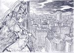  city cityscape clouds graphite_(medium) monochrome mountains sakino_shingetsu scenery sun sunset touhou traditional_media umbrella urban yakumo_yukari 