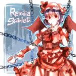  azya bad_id bow chain character_name cup dress hat highres purple_hair red_eyes remilia_scarlet short_hair solo touhou wings wrist_cuffs 