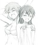  bed_sheet bra charlotte_e_yeager closed_eyes covering gertrud_barkhorn kisetsu lingerie lying monochrome multiple_girls open_mouth strike_witches underwear yawning 
