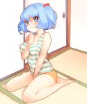  alternate_costume bad_id barefoot between_breasts blue_eyes blue_hair breasts contemporary erect_nipples glaring hair_bobbles hair_ornament highres homua kawashiro_nitori large_breasts no_bra short_hair shorts solo tank_top tatami touhou twintails 