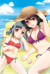  aill bikini black_hair blue_hair braid breasts child cleavage cloud clouds dominura front-tie_top hair_bobbles hair_ornament hat lipstick multiple_girls nail_polish navel red_eyes rimone side-tie_bikini simoun sky smile straw_hat swimsuit twintails water 
