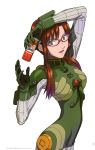  aqua_eyes artist_request bodysuit brown_hair can coffee glasses gloves highres long_hair makinami_mari_illustrious neon_genesis_evangelion official_art open_mouth plugsuit product_placement rebuild_of_evangelion simple_background solo ucc_coffee 