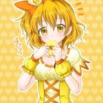  blonde_hair bow breasts cleavage cure_pine doughnut dress earrings fresh_precure! gummy_elaeagnus hair_bow heart heart_background jewelry magical_girl precure side_ponytail solo wrist_cuffs yamabuki_inori yellow yellow_background yellow_eyes 