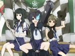  bandaid black_hair black_rock_shooter black_rock_shooter_(character) black_rock_shooter_(cosplay) blue_eyes box boxing_gloves broom brown_eyes brown_hair cardboard_box cosplay dead_master dead_master_(cosplay) green_eyes koutari_yuu kuroi_mato multiple_girls school_uniform serafuku short_hair sitting skirt smile strength_(black_rock_shooter) strength_(cosplay) takanashi_yomi tribute twintails 