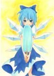 blue_hair bow cirno dress grin ice popsicle smile tora_se_kuno tora_se_kuno_(pixiv) touhou traditional_media wings 