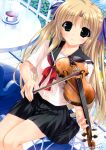  aqua_eyes blonde_hair cup highres instrument school_uniform serafuku shintarou sitting skirt solo violin 