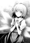  cirno hair_ribbon hands_on_chest hands_on_own_chest light_smile monochrome ribbon shirayuki_mutsumi short_hair smile solo touhou wings 