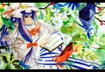  book bow branch crescent crystal flower hair_bow hand_on_own_face hat letterboxed patchouli_knowledge purple_hair red_eyes robe solo striped tomasu touhou 