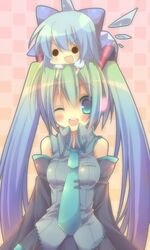  aqua_eyes aqua_hair blue_hair chibi chibi_on_head cirno crossover detached_sleeves hatsune_miku headphones long_hair necktie on_head reia skirt smile touhou twintails very_long_hair vocaloid wink 