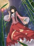  1girl bamboo_forest black_hair branch forest highres houraisan_kaguya jeweled_branch_of_hourai long_hair long_skirt moon nature red_skirt skirt solo touhou touko very_long_hair 