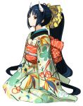  blue_hair demon_girl floral_print hair_ribbon horns japanese_clothes kimono long_hair ponytail pupps red_eyes ribbon simple_background sitting solo 