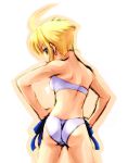  ahoge alternate_hairstyle ass bikini blonde_hair blue_eyes fate/stay_night fate_(series) from_behind looking_back saber short_hair side-tie_bikini solo swimsuit uraomote 