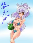  :d animal_ears bad_id ball bare_shoulders beachball bikini blue_background dutch_angle face food fox_ears fox_hair fox_tail fruit holding holding_fruit long_hair looking_at_viewer midriff navel open_mouth orange_eyes purple_hair shiny shiny_clothes shiny_skin silver_hair smile strap_gap suihimaru swimsuit tail watermelon wide_hips 