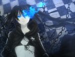 black_hair black_rock_shooter black_rock_shooter_(character) blue_eyes chain chito04 glowing glowing_eyes long_hair midriff pale_skin scar solo twintails 