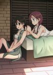  alternate_hairstyle bed braid brown_eyes brown_hair gertrud_barkhorn hairdressing long_hair lying minna-dietlinde_wilcke multiple_girls navel niina_ryou open_clothes open_shirt panties shirt sitting strike_witches twin_braids twintails underwear 