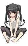  barefoot black_hair brown_eyes demon_tail face feet highres kosumo long_hair original simple_background sketch solo strap_slip tail twintails young 