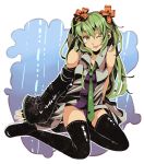  azya bad_id bow detached_sleeves green_eyes green_hair hair_bow hatsune_miku highres long_hair necktie smile solo thigh-highs thighhighs twintails very_long_hair vocaloid wink zettai_ryouiki 