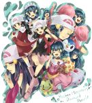  apron black_hair blue_hair buneary cheerleader closed_eyes cup diamond dress frills hainegom hair_ornament hairclip hat highres hikari_(pokemon) hikari_(pokemon)_(remake) holding holding_poke_ball jewelry kneehighs maid medal multiple_persona open_mouth pearl piplup platinum_berlitz poke_ball pokemon pokemon_(anime) pokemon_(game) pokemon_dppt pokemon_special poketch pom_poms ring scarf skirt socks title_drop togekiss turtwig v watch wink wristwatch yawning 