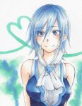  bare_shoulders blue_eyes blue_hair blush chino-t collar cravat fairy_tail heart juvia_loxar lowres sleeveless smile solo traditional_media vest 