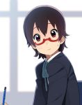  brown_eyes brown_hair glasses go_robots k-on! manabe_nodoka pencil product_placement red-framed_glasses semi-rimless_glasses shaded_face staedtler sweat under-rim_glasses 