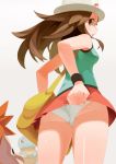  bag blue_(pokemon) brown_eyes brown_hair cowboy_shot from_below hat highres leaf_(pokemon) looking_back mososhi open_mouth panties pokemon pokemon_(game) pokemon_rgby simple_background skirt solo squirtle underwear upskirt white_background white_panties wristband 