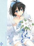  absurdres antenna_hair black_hair blush bouquet bridal_veil bride cuteg dress earrings flower highres idolmaster jewelry kikuchi_makoto legs petals short_hair solo thighhighs veil wedding_dress white_legwear 