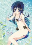  absurdres blue_eyes blue_hair bow fish highres long_hair lying navel sacchi smile solo swimsuit water 