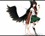  asymmetrical_clothes bad_id black_hair black_sun bow cable cape checkered checkered_floor energy eyes hair_bow ika letterboxed long_hair mismatched_footwear red_eyes reiuji_utsuho smile solo standing_on_one_leg touhou weapon wings 