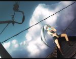  antennae arm_support boots clouds cross-laced_footwear dutch_angle foxhound lace-up_boots long_hair midriff one-eyed onibi_(foxhound4185) ponytail popsicle power_lines red_eyes rooftop silver_hair sitting skirt sky solo very_long_hair wink 