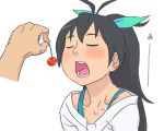  closed_eyes ebinera face feeding food fruit ganaha_hibiki hands holding holding_fruit idolmaster open_mouth 