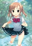  bow brown_hair highres long_hair open_mouth outdoors outside panties skirt skirt_lift solo sweater_vest tree twintails underwear wading water white_panties yan-yam 