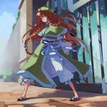  alternate_hairstyle bad_id blue_eyes braid capelet chinese_clothes collaboration colored gate hat hong_meiling kintaro kljgdoe long_hair red_hair redhead standing touhou twin_braids 