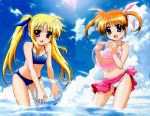  ball beachball bikini cloud fate_testarossa mahou_shoujo_lyrical_nanoha multiple_girls sarong swimsuit takamachi_nanoha twintails water 