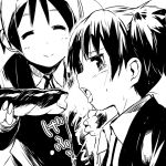  eating face food hirasawa_ui k-on! monochrome school_uniform sexually_suggestive short_hair suzuki_jun watarai_keiji 