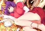  anklet ass barefoot breasts fetal_position jewelry large_breasts leaf legs lying on_side purple_hair red_eyes sen_no_hito. short_hair solo touhou yasaka_kanako 